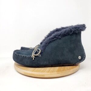 UGG Alena Slippers Womens 7 Black Suede Shoes Shearling Lined Loafer Cuff Collar